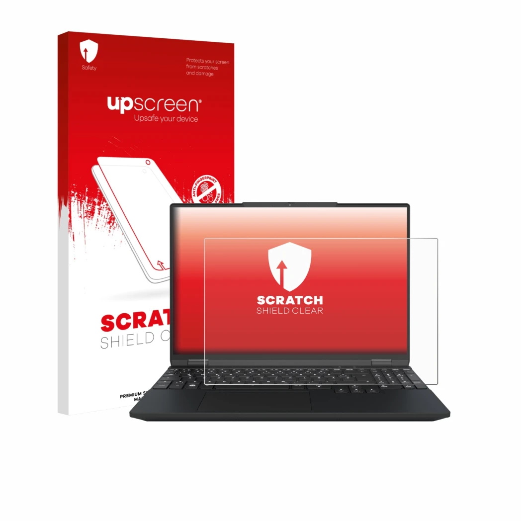 Face avant d’un emballage produit avec le logo de la marque upscreen. À côté, l’appareil Tuxedo InfinityBook Max 15 Gen 10 est