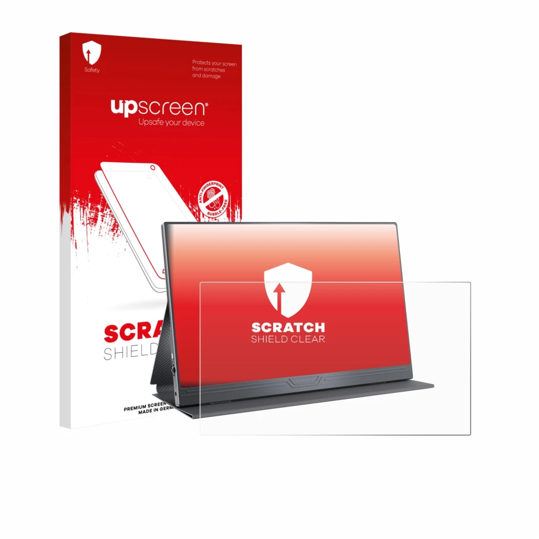 Face avant d’un emballage produit avec le logo de la marque upscreen. À côté, l’appareil CUIUIC GS156B2 est représenté avec la
