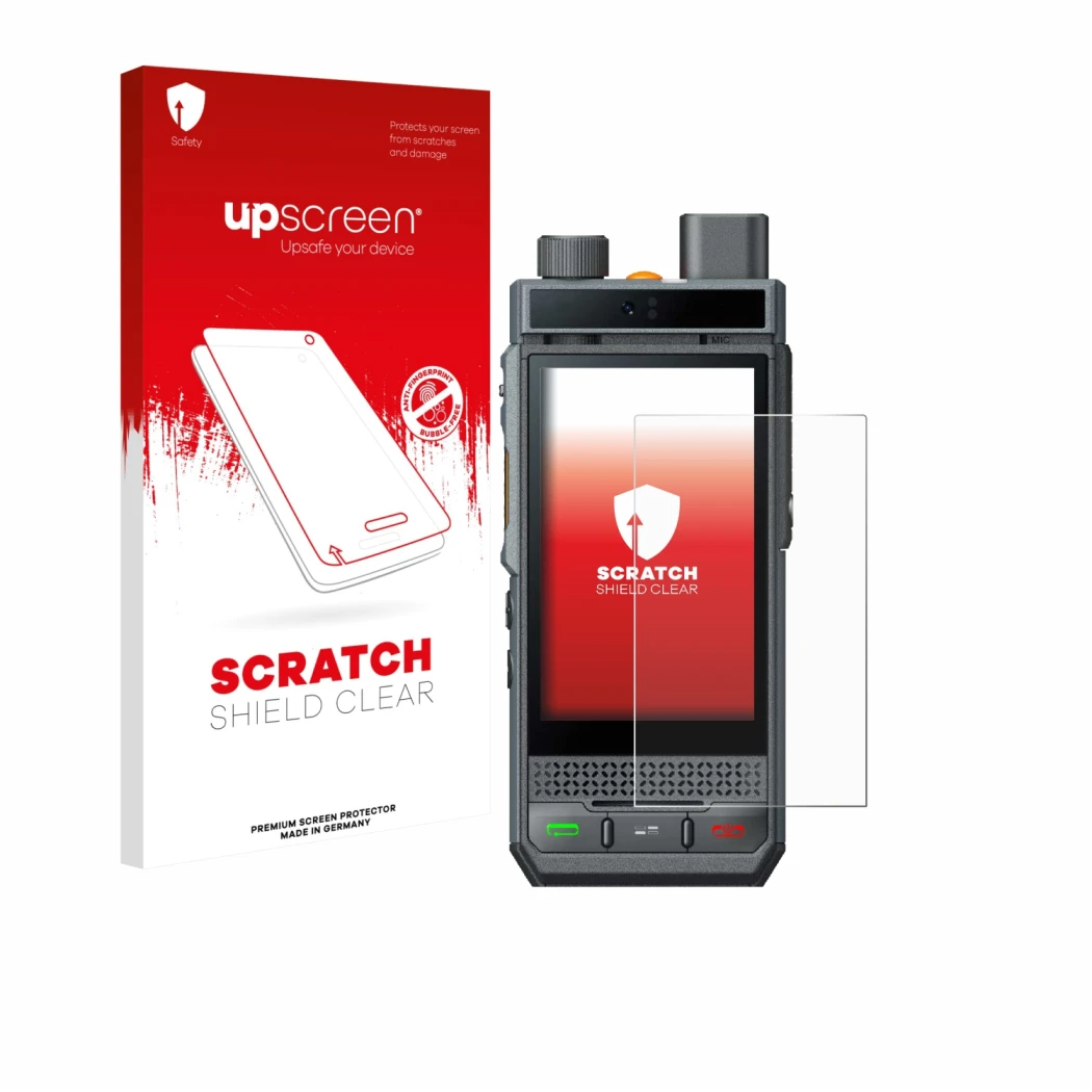 Face avant d’un emballage produit avec le logo de la marque upscreen. À côté, l’appareil Hytera P60 est représenté avec la pro