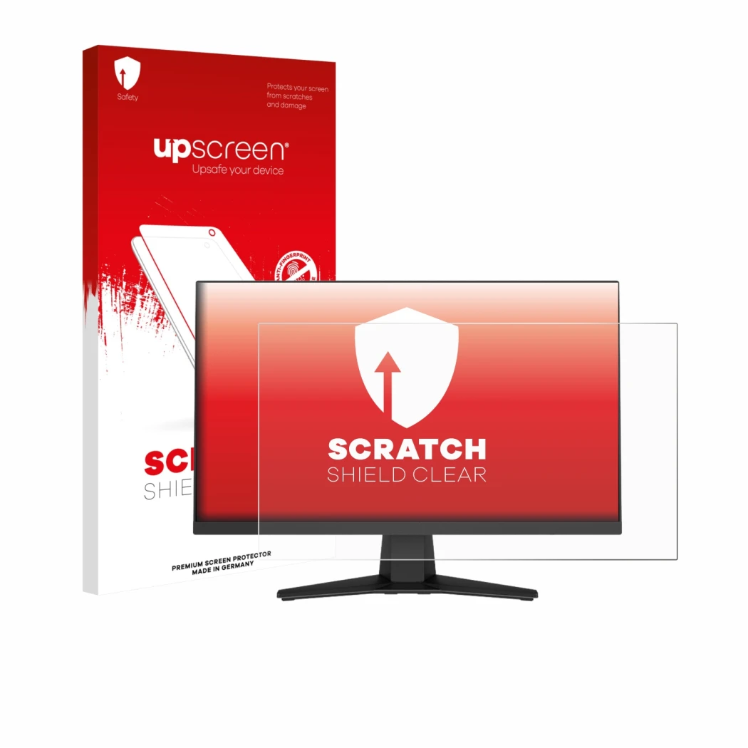 Face avant d’un emballage produit avec le logo de la marque upscreen. À côté, l’appareil MSI MAG 244F est représenté avec la p