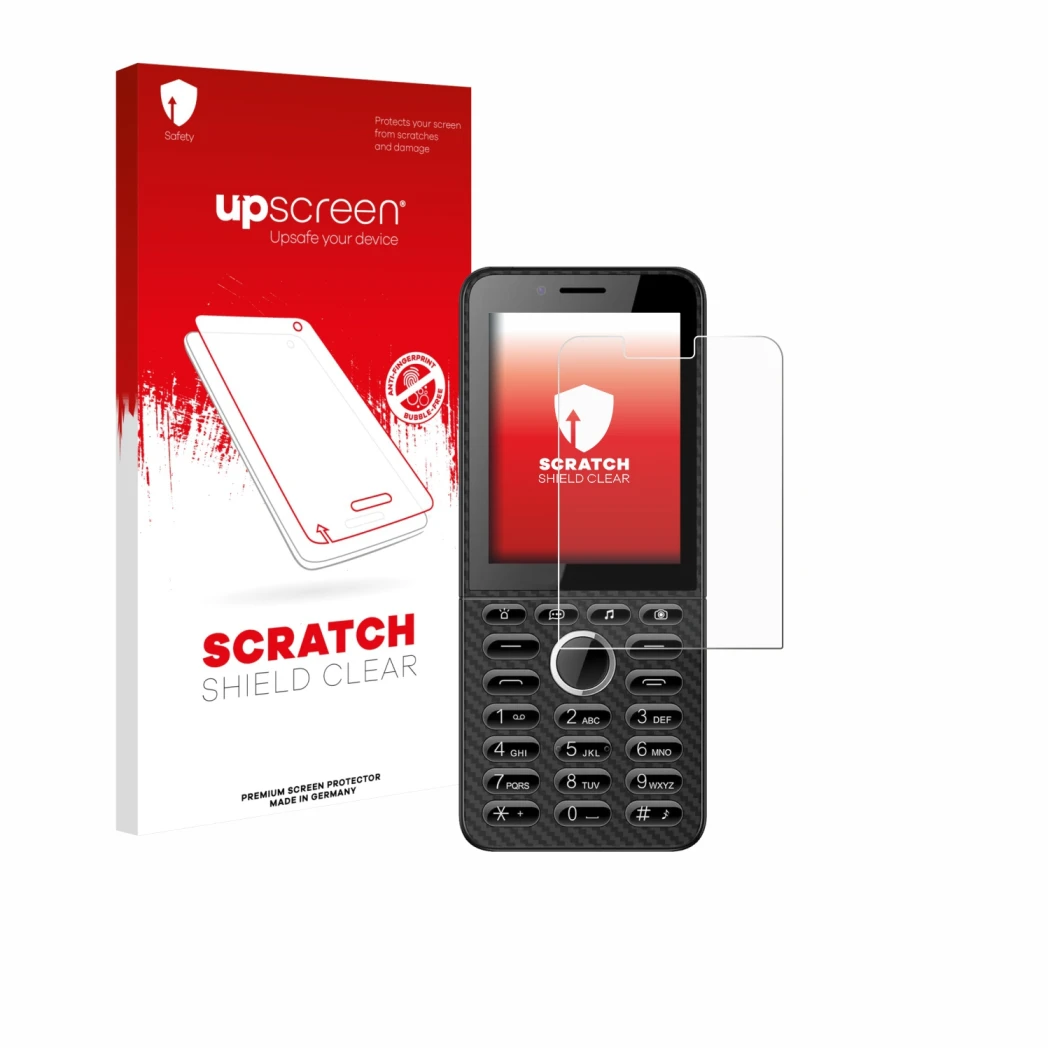 Face avant d’un emballage produit avec le logo de la marque upscreen. À côté, l’appareil Energizer E288S est représenté avec l