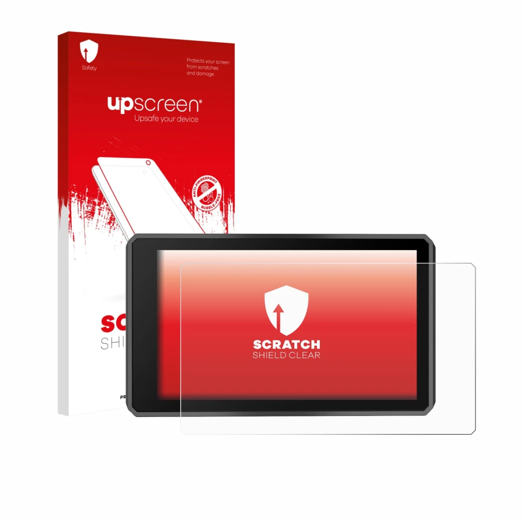 Face avant d’un emballage produit avec le logo de la marque upscreen. À côté, l’appareil Garmin zumo XT3 4.7