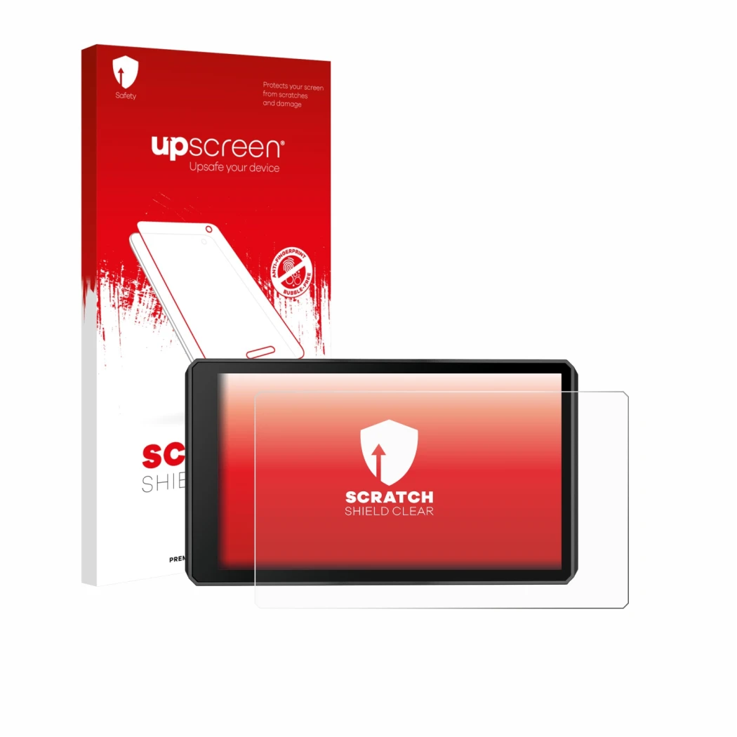Face avant d’un emballage produit avec le logo de la marque upscreen. À côté, l’appareil Garmin zumo XT3 6