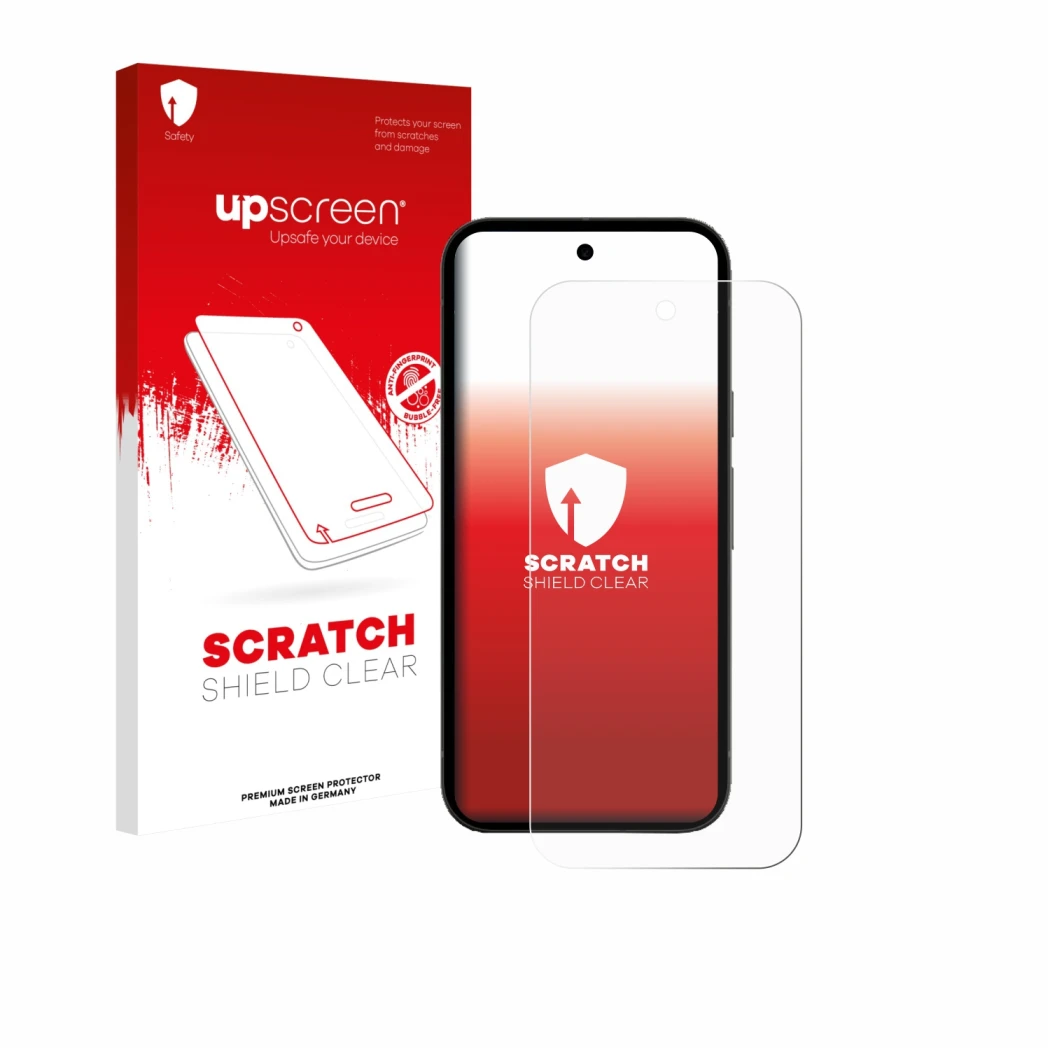 Face avant d’un emballage produit avec le logo de la marque upscreen. À côté, l’appareil Google Pixel 10a est représenté avec 