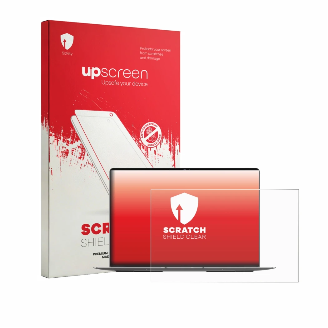 Face avant d’un emballage produit avec le logo de la marque upscreen. À côté, l’appareil Geekom GeekBook X14 Pro est représent