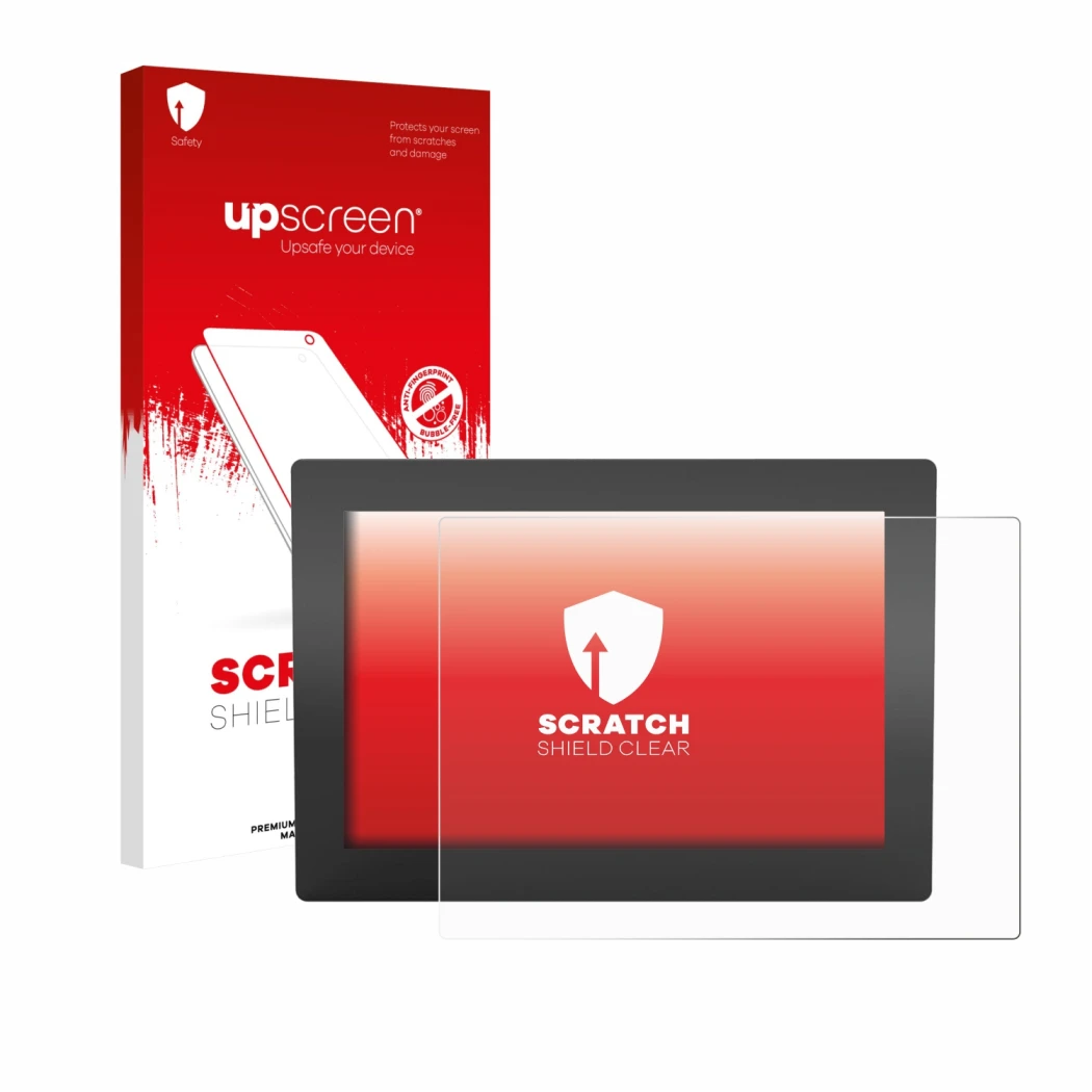 Face avant d’un emballage produit avec le logo de la marque upscreen. À côté, l’appareil WAGO Web Panel 400 762-3404 est repré