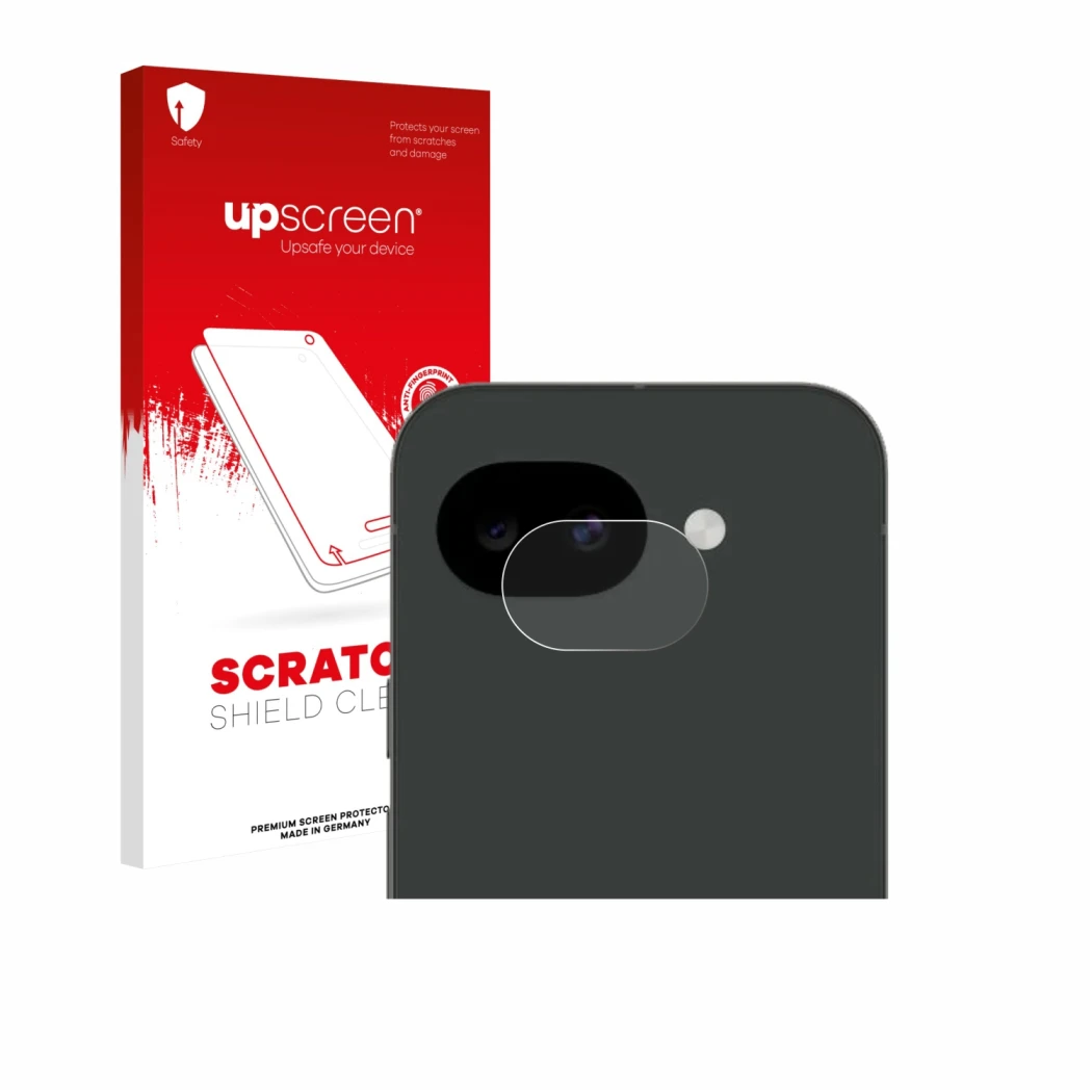 Face avant d’un emballage produit avec le logo de la marque upscreen. À côté, l’appareil Google Pixel 10a (Caméra UNIQUEMENT) 