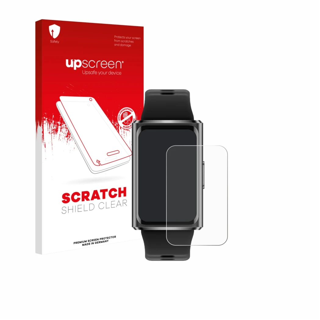 Face avant d’un emballage produit avec le logo de la marque upscreen. À côté, l’appareil Huawei Band 11 Pro est représenté ave