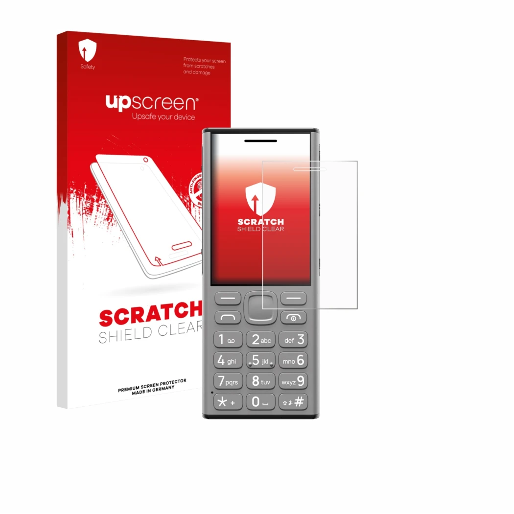 Face avant d’un emballage produit avec le logo de la marque upscreen. À côté, l’appareil Nokia 130 Music est représenté avec l