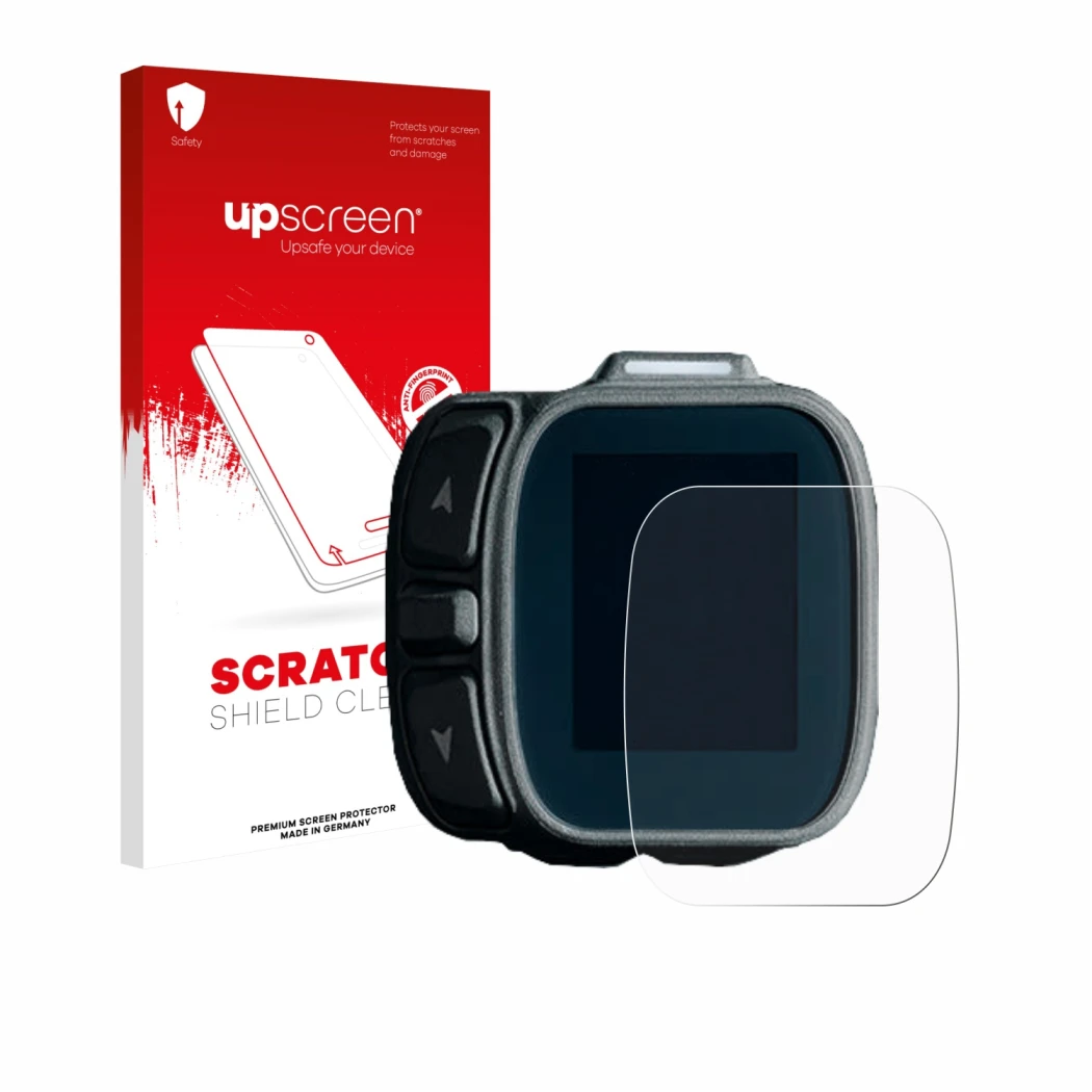 Face avant d’un emballage produit avec le logo de la marque upscreen. À côté, l’appareil Giant Ridecontrol Dash 2 2026 est rep