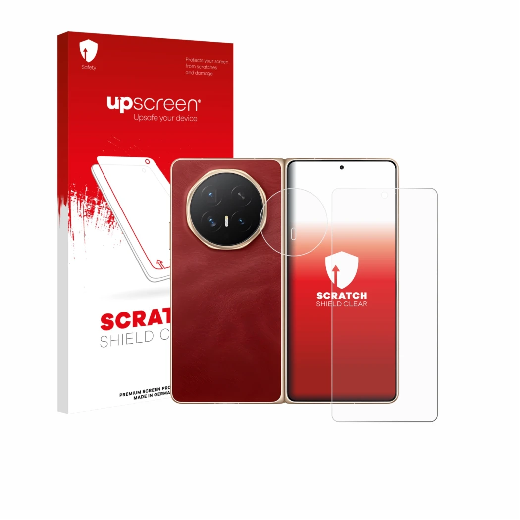 Face avant d’un emballage produit avec le logo de la marque upscreen. À côté, l’appareil Honor Magic V6 (Avant+Caméra) est rep