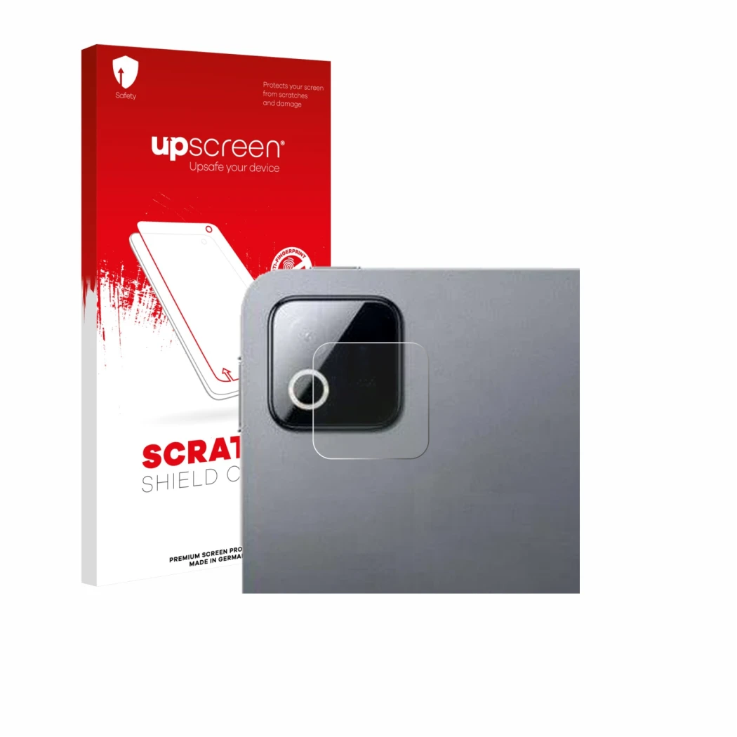 Face avant d’un emballage produit avec le logo de la marque upscreen. À côté, l’appareil Xiaomi Pad 8 Pro (Caméra UNIQUEMENT)