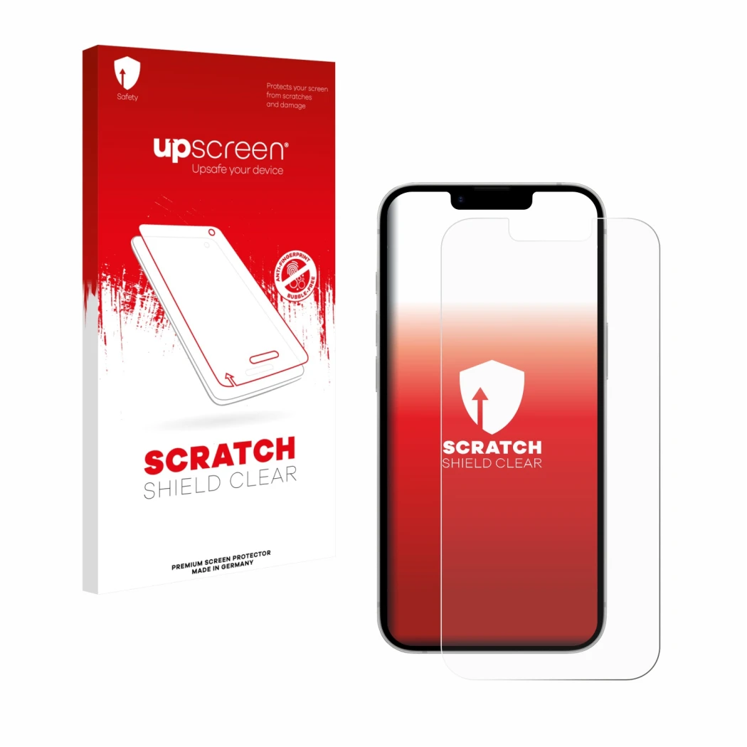 Face avant d’un emballage produit avec le logo de la marque upscreen. À côté, l’appareil Apple iPhone 17e est représenté avec 