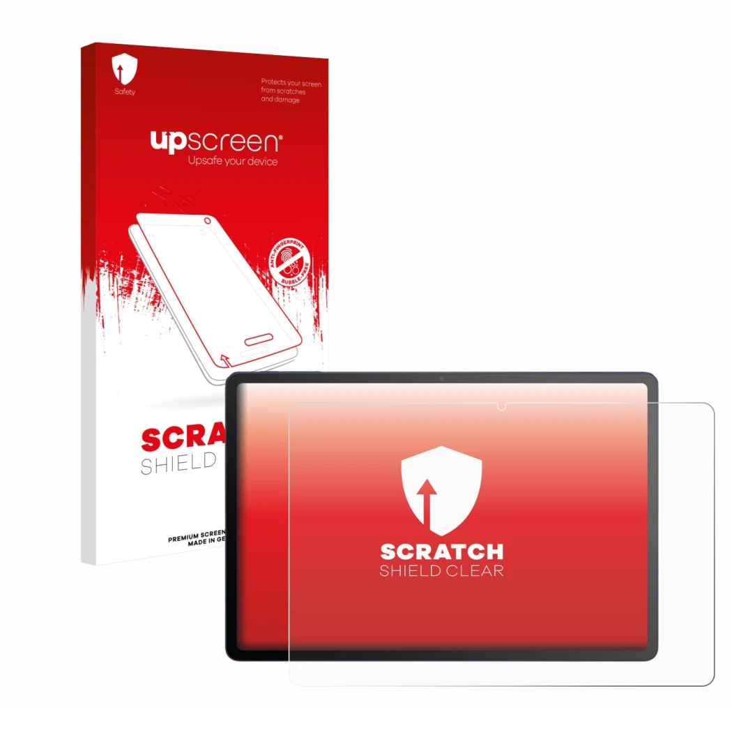 Face avant d’un emballage produit avec le logo de la marque upscreen. À côté, l’appareil TCL Tab A1 Plus est représenté avec l