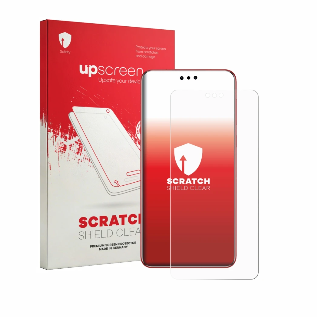 Face avant d’un emballage produit avec le logo de la marque upscreen. À côté, l’appareil Huawei Mate 60 RS Ultimate est représ