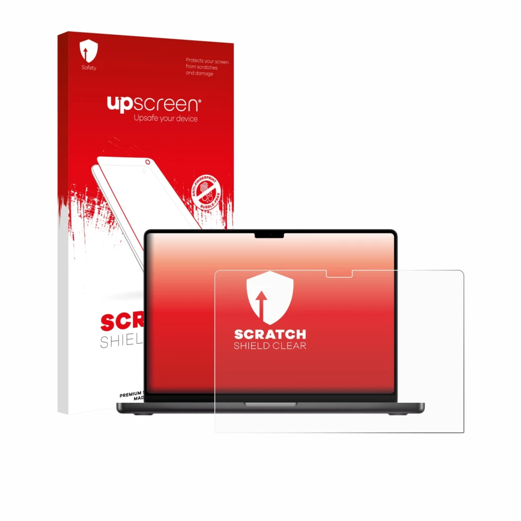Face avant d’un emballage produit avec le logo de la marque upscreen. À côté, l’appareil Apple MacBook Pro 16