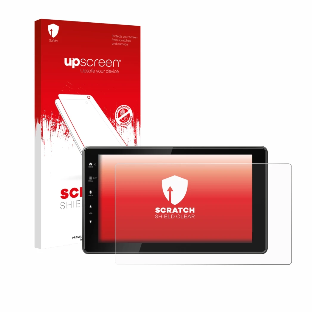 Face avant d’un emballage produit avec le logo de la marque upscreen. À côté, l’appareil Kenwood DMX-F920DS est représenté ave