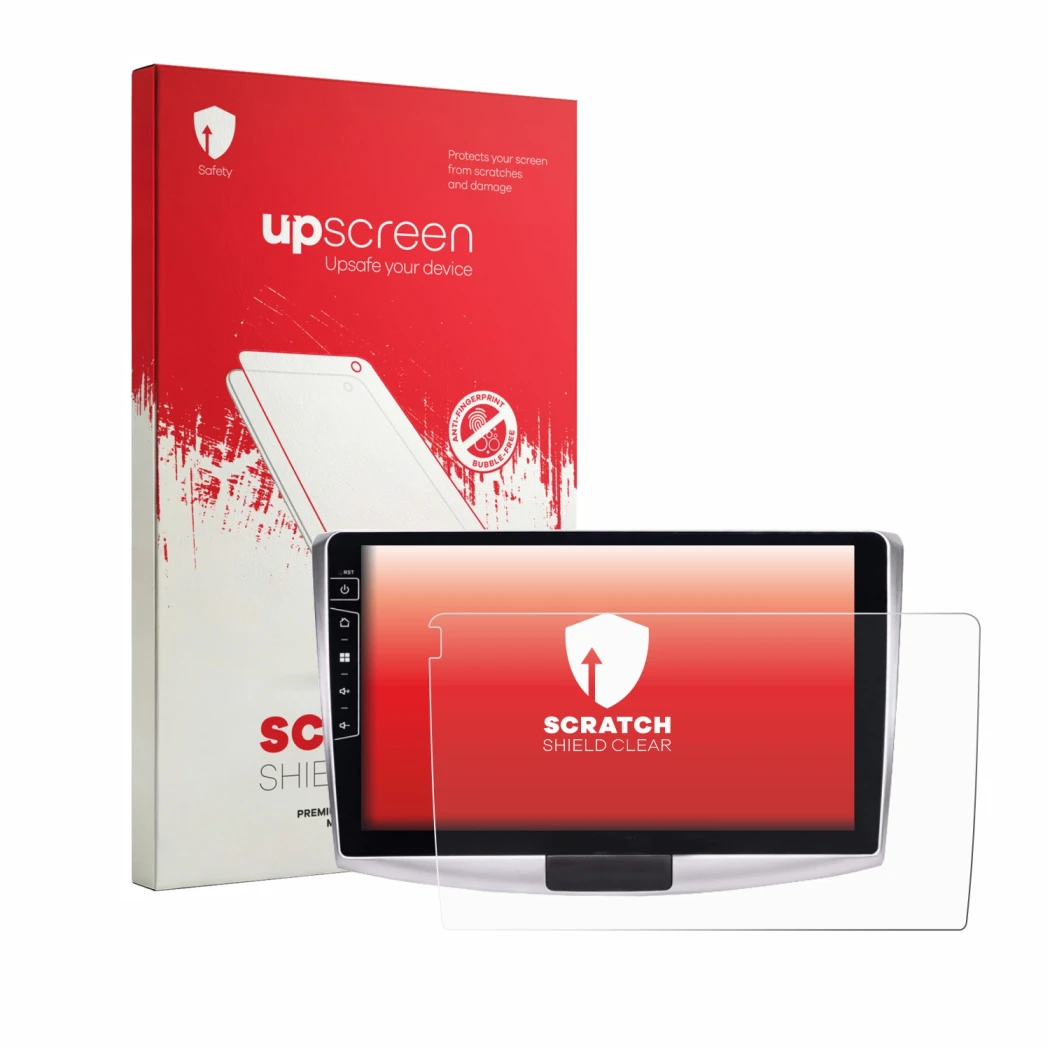 Face avant d’un emballage produit avec le logo de la marque upscreen. À côté, l’appareil Dynavin D9-B6S Premium Flex 10.1