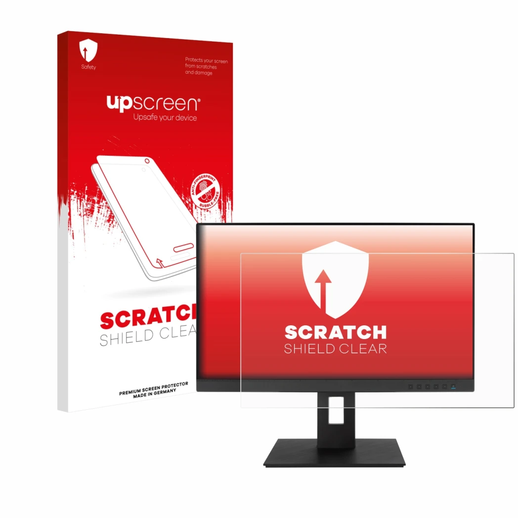 Face avant d’un emballage produit avec le logo de la marque upscreen. À côté, l’appareil ASUS BE24EQSB est représenté avec la 