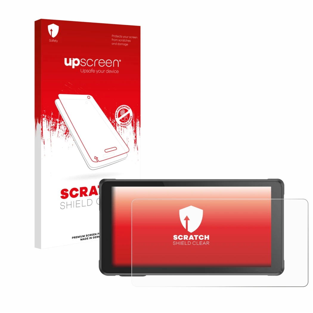 Face avant d’un emballage produit avec le logo de la marque upscreen. À côté, l’appareil Interphone RideSync est représenté av