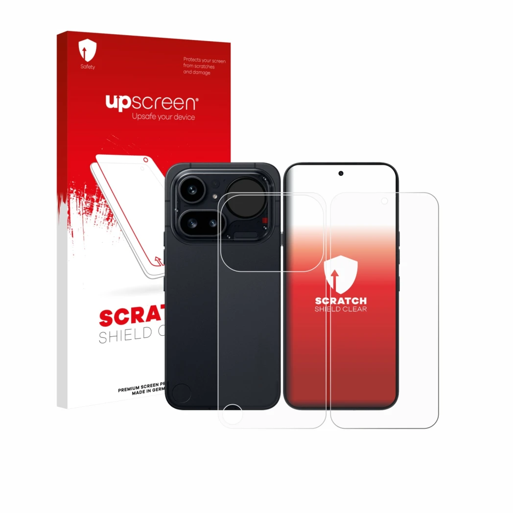 Face avant d’un emballage produit avec le logo de la marque upscreen. À côté, l’appareil Nothing Phone (4a) Pro (Avant+Arrière