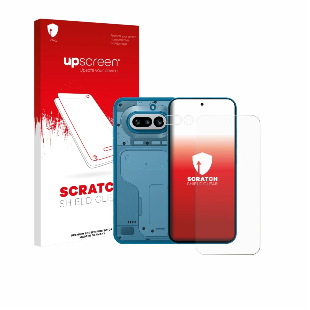 Face avant d’un emballage produit avec le logo de la marque upscreen. À côté, l’appareil Nothing Phone (4a) (Avant+Caméra) est