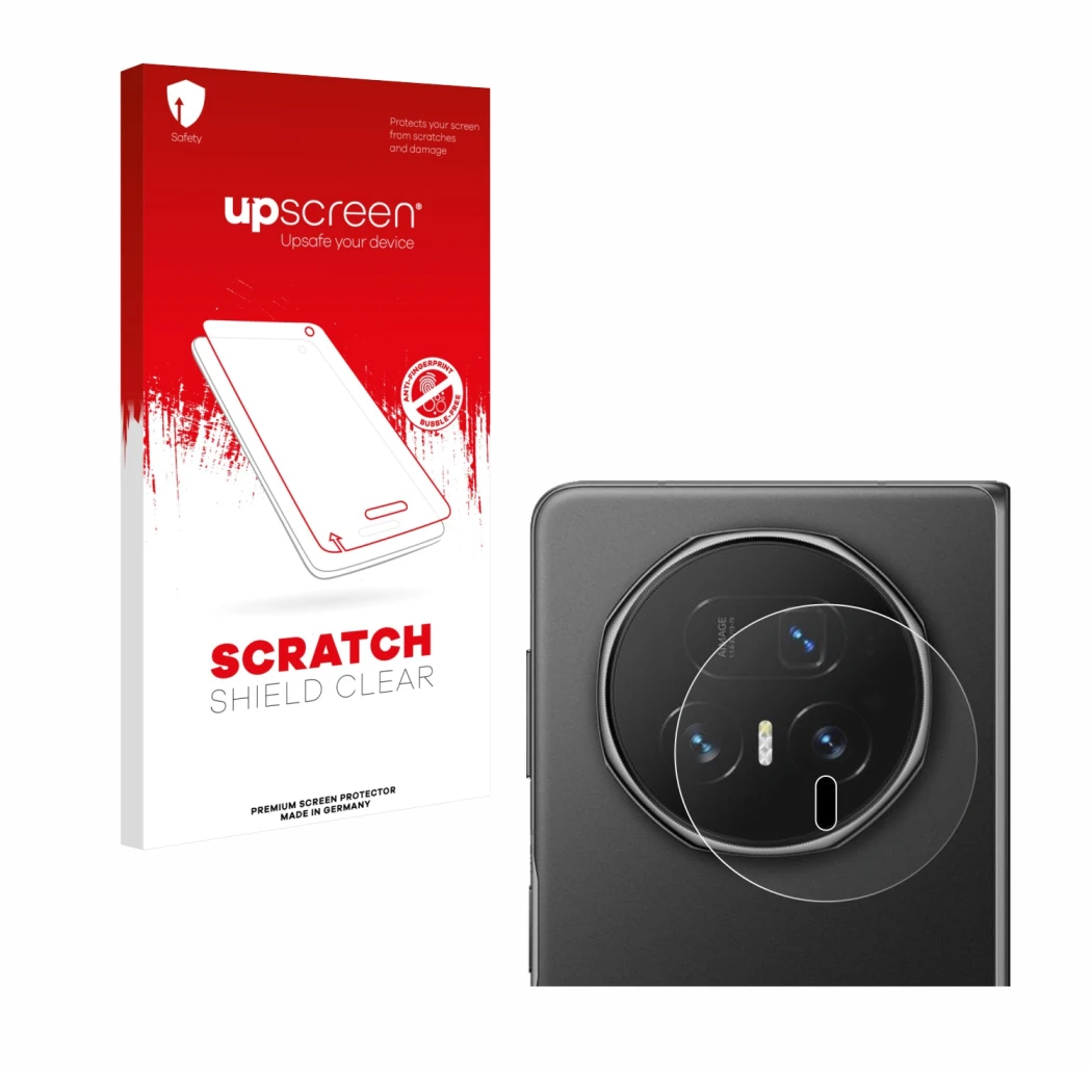 Face avant d’un emballage produit avec le logo de la marque upscreen. À côté, l’appareil Honor Magic V5 (Caméra UNIQUEMENT) es