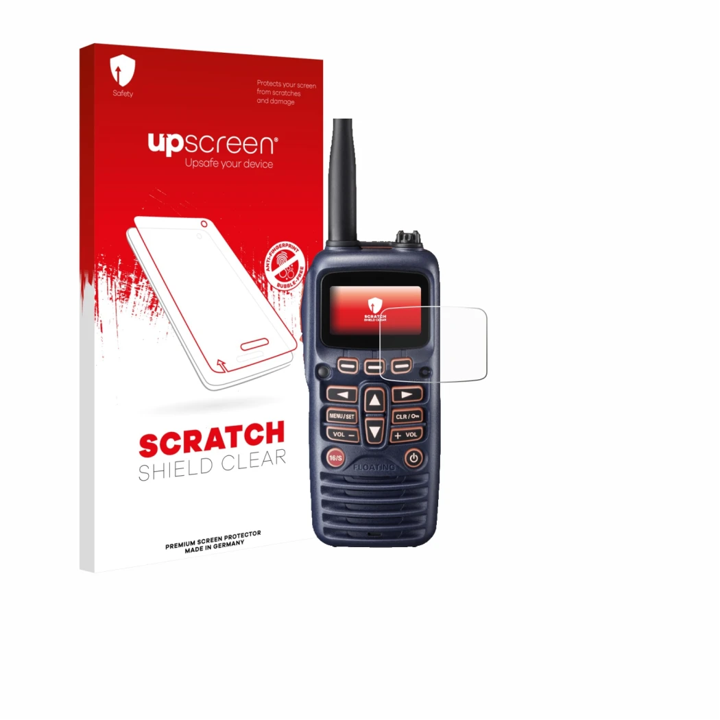 Face avant d’un emballage produit avec le logo de la marque upscreen. À côté, l’appareil Standard Horizon HX320E est représent