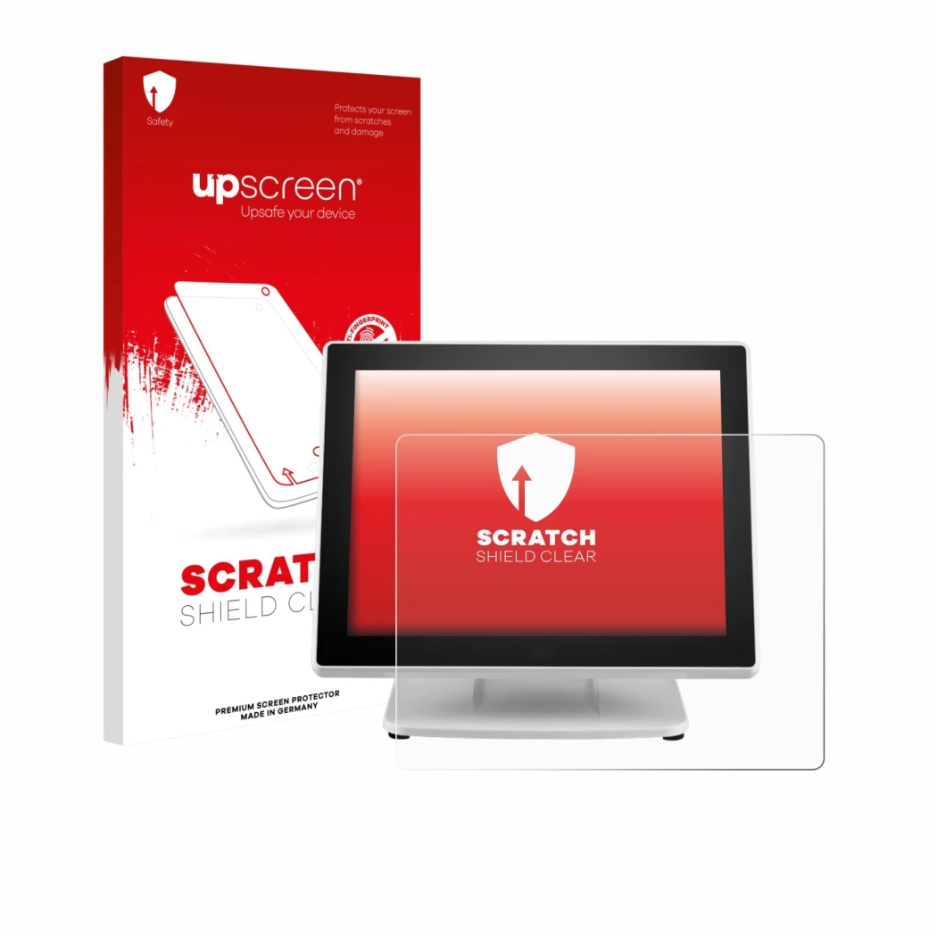 Face avant d’un emballage produit avec le logo de la marque upscreen. À côté, l’appareil Posiflex PS-3615-G2 est représenté av