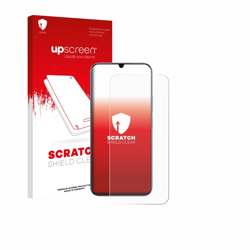 Face avant d’un emballage produit avec le logo de la marque upscreen. À côté, l’appareil realme C83 5G est représenté avec la