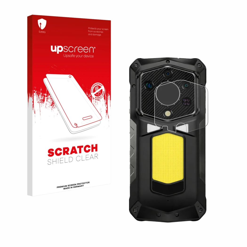 Face avant d’un emballage produit avec le logo de la marque upscreen. À côté, l’appareil Ulefone Armor 29 Ultra (Caméra UNIQUE