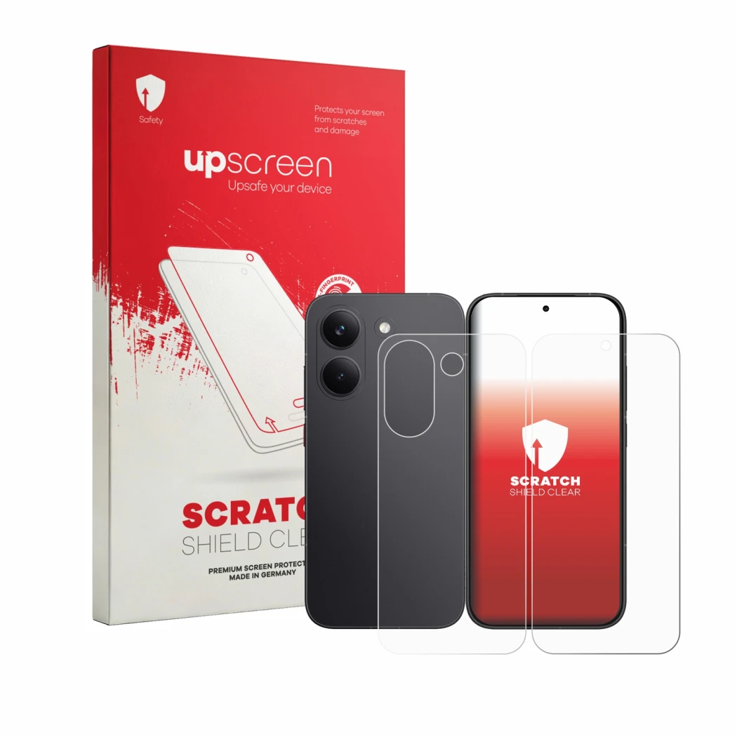 Face avant d’un emballage produit avec le logo de la marque upscreen. À côté, l’appareil Xiaomi Poco X8 Pro (Avant+Arrière) es