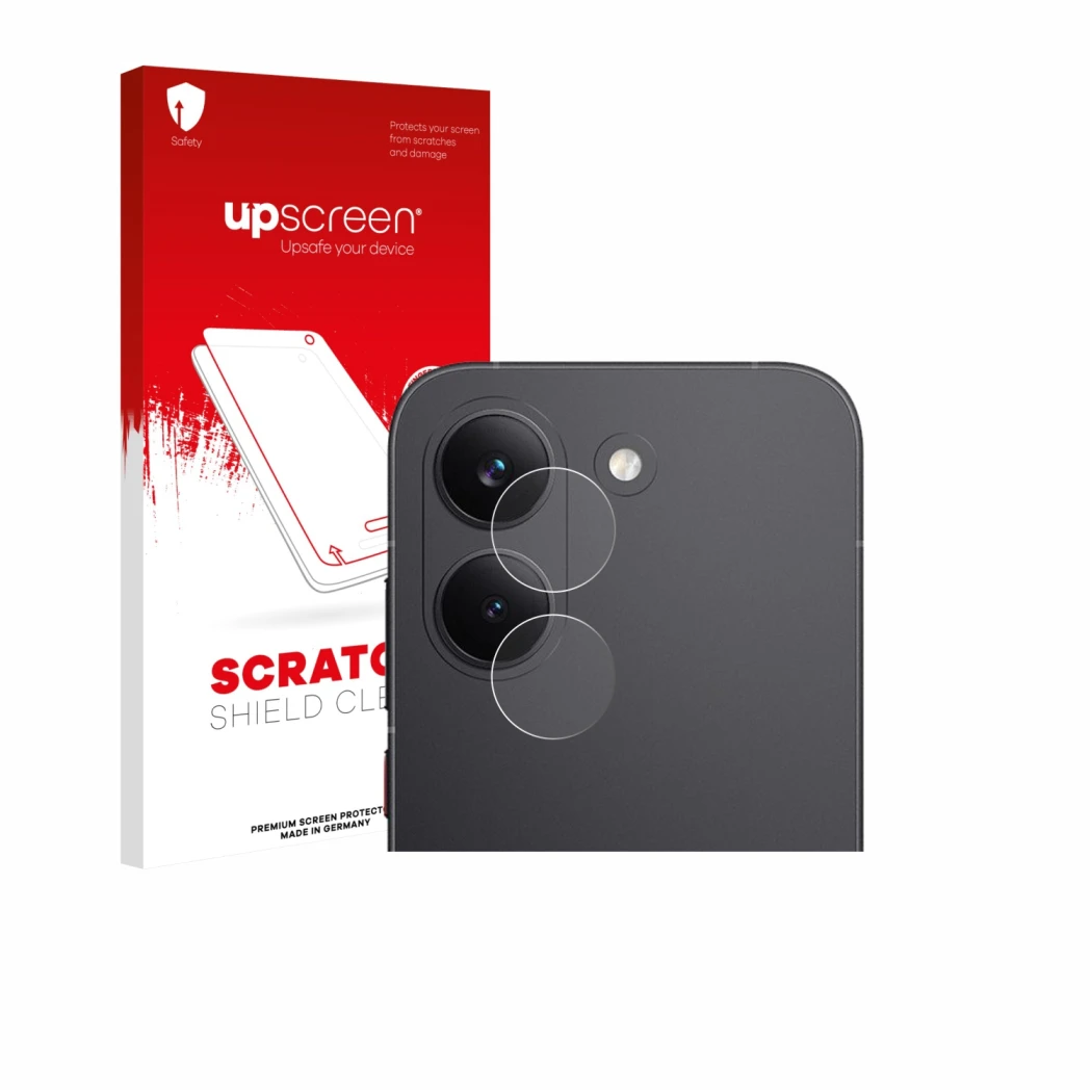 Face avant d’un emballage produit avec le logo de la marque upscreen. À côté, l’appareil Xiaomi Poco X8 Pro (Caméra UNIQUEMENT