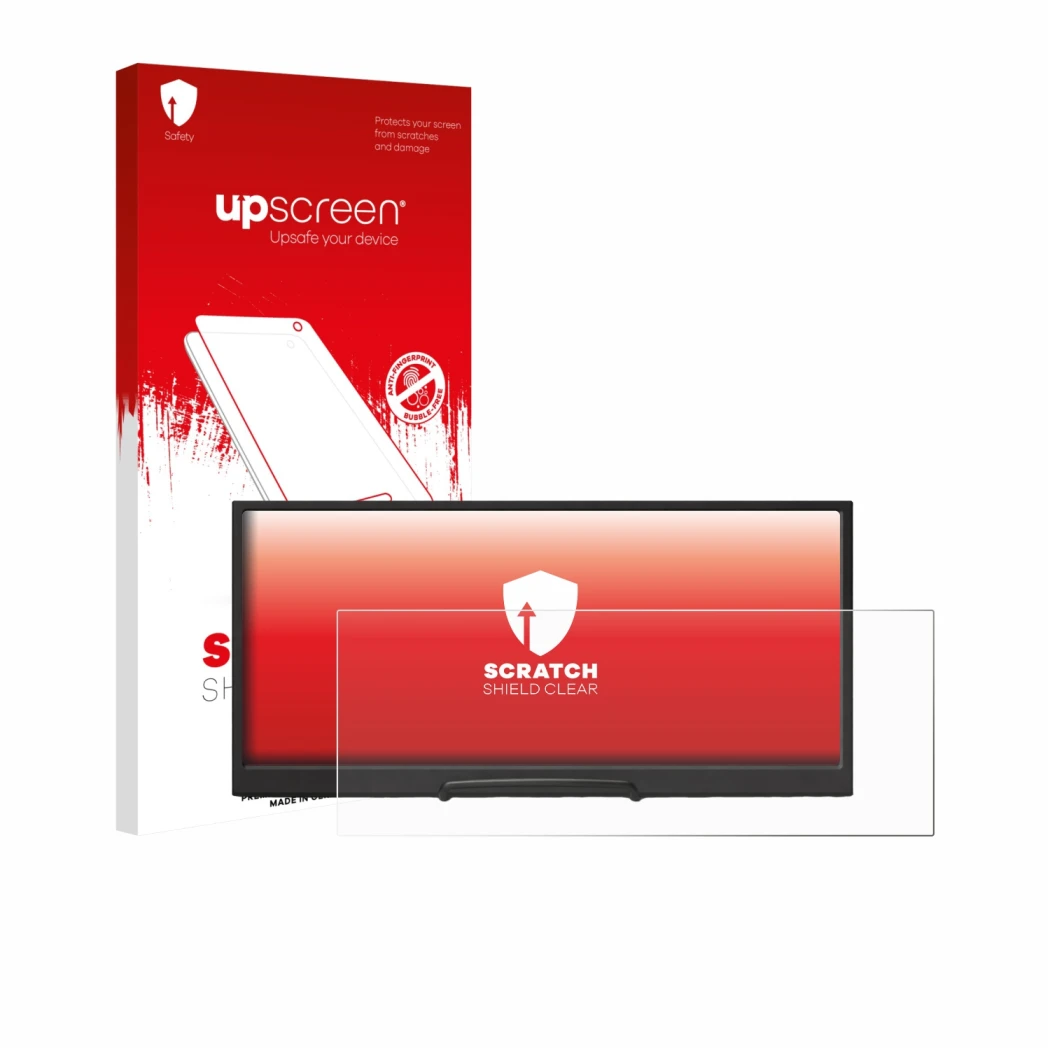Face avant d’un emballage produit avec le logo de la marque upscreen. À côté, l’appareil Prechen HD-123 12,3