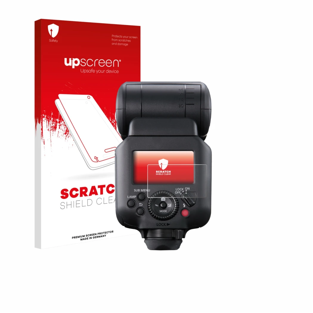 Face avant d’un emballage produit avec le logo de la marque upscreen. À côté, l’appareil Canon Speedlite EL-5 est représenté a
