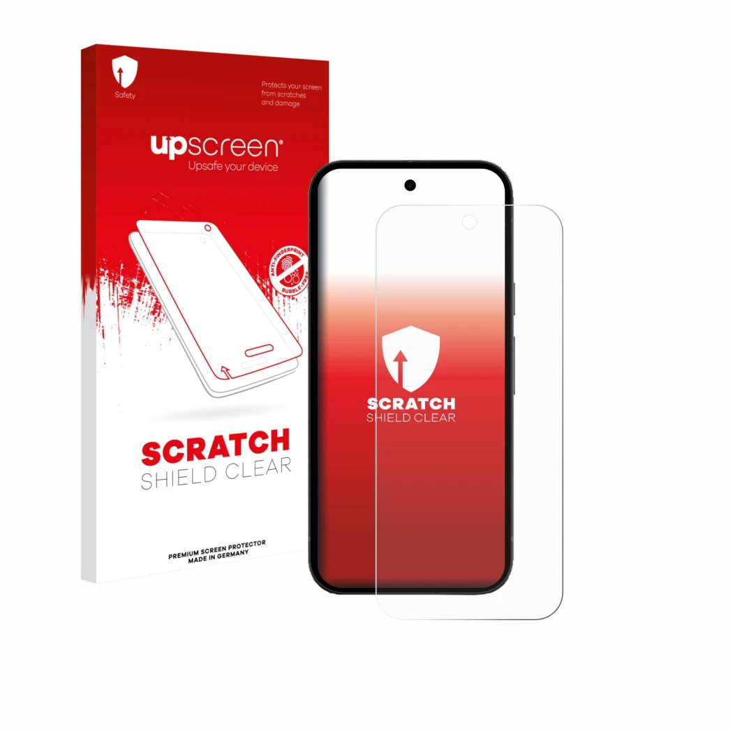 Face avant d’un emballage produit avec le logo de la marque upscreen. À côté, l’appareil Google Pixel 10a (case-friendly) est