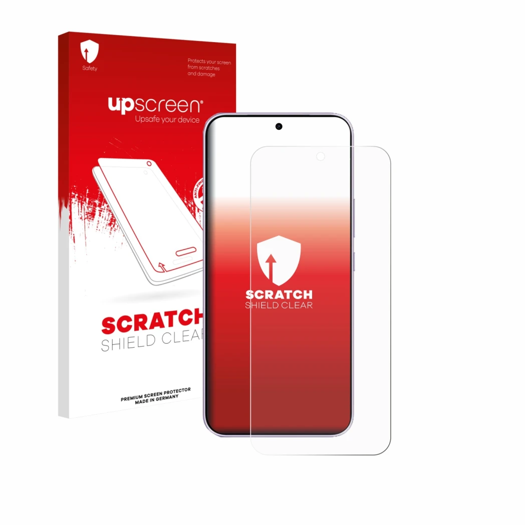 Face avant d’un emballage produit avec le logo de la marque upscreen. À côté, l’appareil Vivo V70 FE est représenté avec la pr