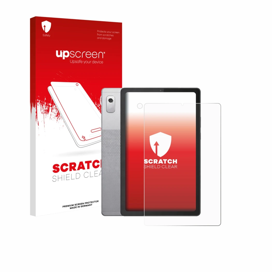 Face avant d’un emballage produit avec le logo de la marque upscreen. À côté, l’appareil Lenovo Tab M9 (Avant+Caméra) est repr