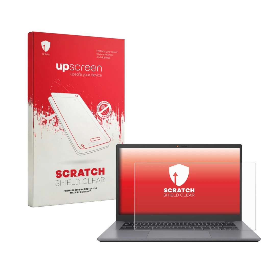 Face avant d’un emballage produit avec le logo de la marque upscreen. À côté, l’appareil ASUS Chromebook CX3402 est représenté