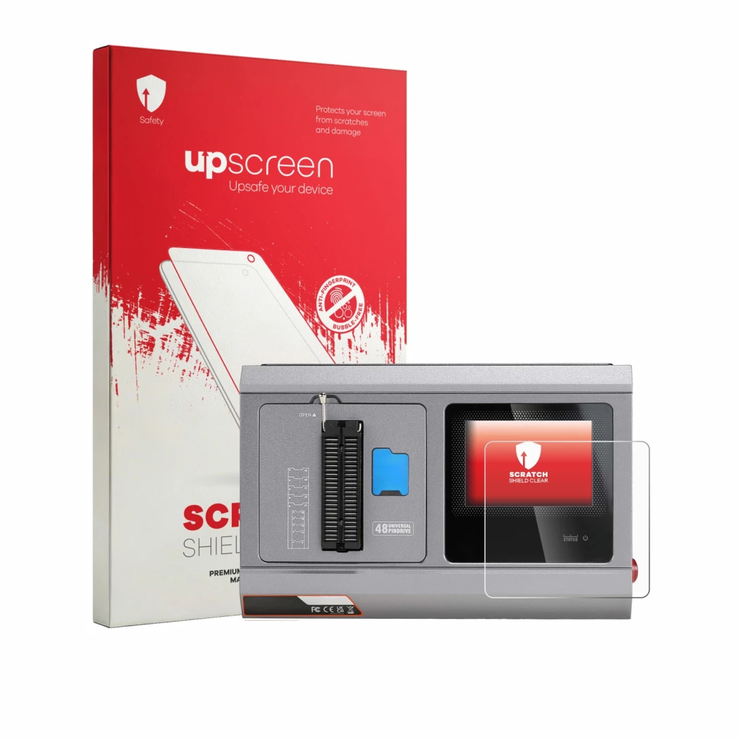 Face avant d’un emballage produit avec le logo de la marque upscreen. À côté, l’appareil Xhorse Multi-Prog est représenté avec