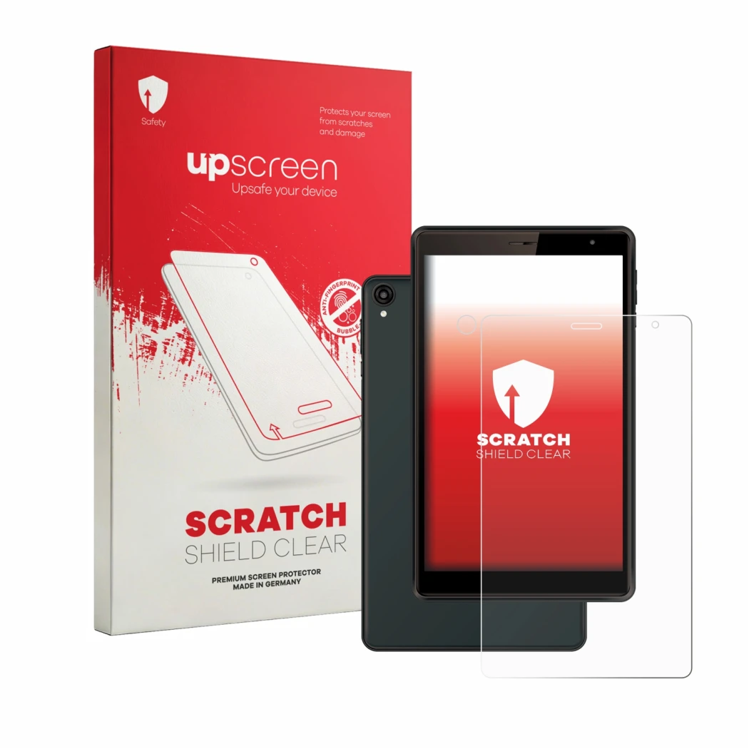 Face avant d’un emballage produit avec le logo de la marque upscreen. À côté, l’appareil Logicom Tab 80 8