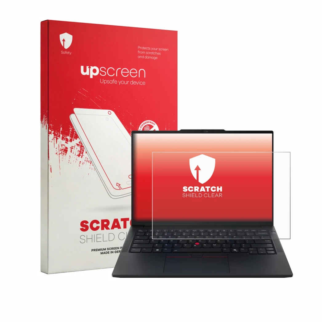 Face avant d’un emballage produit avec le logo de la marque upscreen. À côté, l’appareil Lenovo ThinkPad E14 Gen 8 est représe