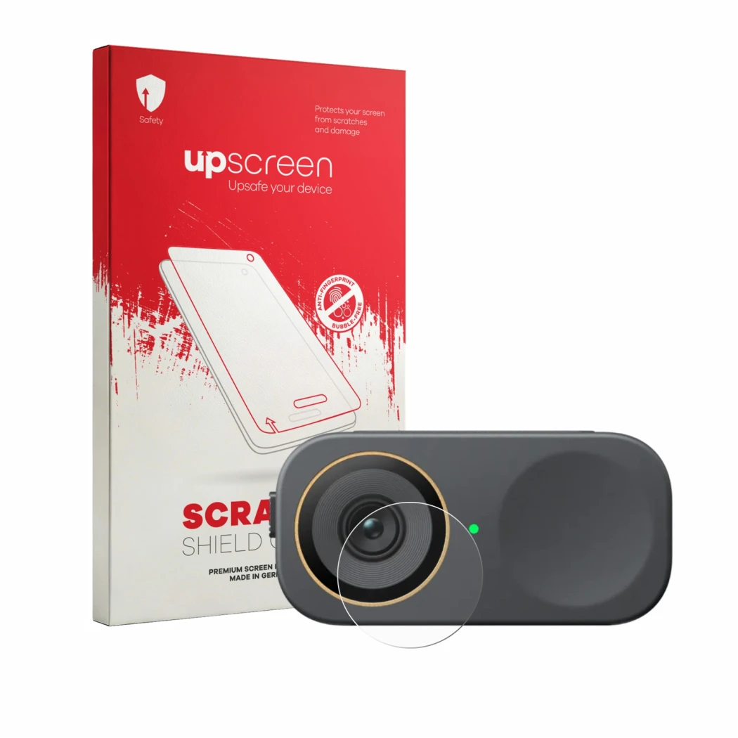 Face avant d’un emballage produit avec le logo de la marque upscreen. À côté, l’appareil Insta360 Link 2C Pro (Lentille) est r