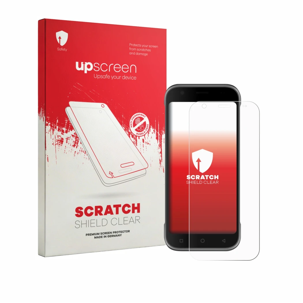 Face avant d’un emballage produit avec le logo de la marque upscreen. À côté, l’appareil Bluebird S10 est représenté avec la p