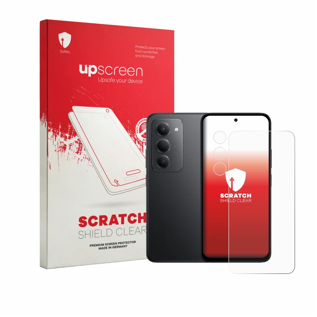Face avant d’un emballage produit avec le logo de la marque upscreen. À côté, l’appareil Xiaomi Poco M8s (Avant+Caméra) est re