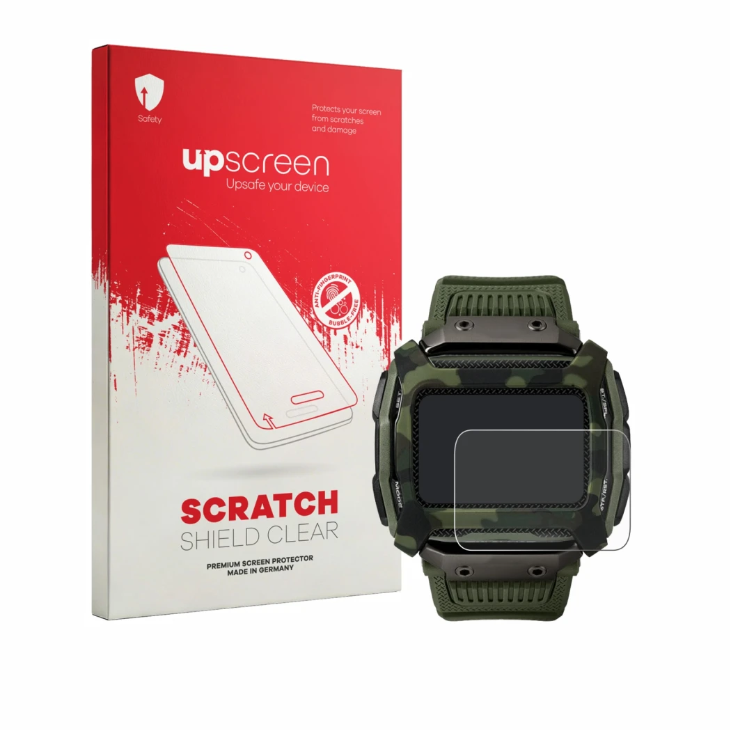Face avant d’un emballage produit avec le logo de la marque upscreen. À côté, l’appareil Timex Command Shock est représenté av
