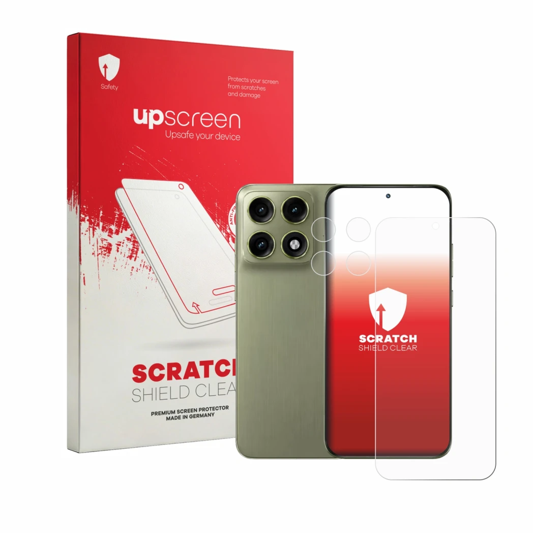 Face avant d’un emballage produit avec le logo de la marque upscreen. À côté, l’appareil Motorola Edge 70 Pro (Avant+Caméra) e