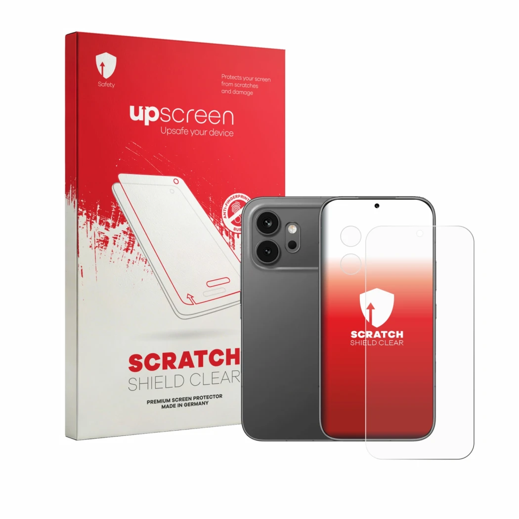 Face avant d’un emballage produit avec le logo de la marque upscreen. À côté, l’appareil Honor 600 (Avant+Caméra) est représen