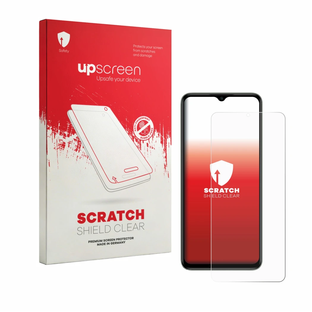 Face avant d’un emballage produit avec le logo de la marque upscreen. À côté, l’appareil Itel Zeno 100 est représenté avec la 