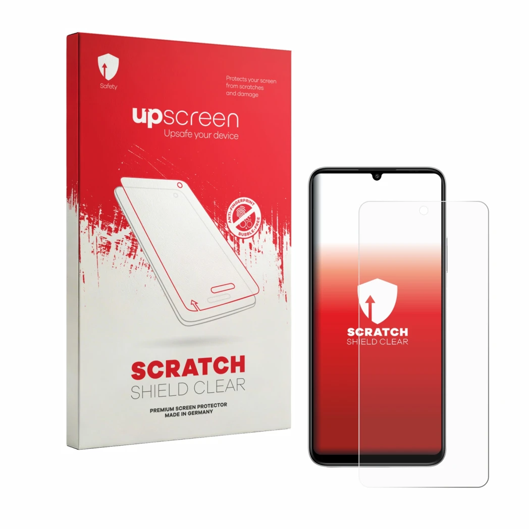 Face avant d’un emballage produit avec le logo de la marque upscreen. À côté, l’appareil General Mobile GM 26 Pro 5G est repré